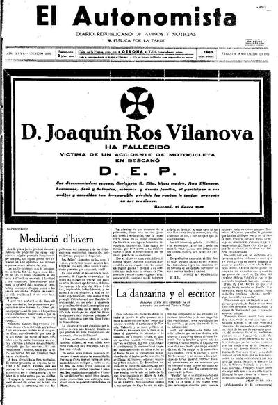 Autonomista, L'. 16/1/1931. [Exemplar]