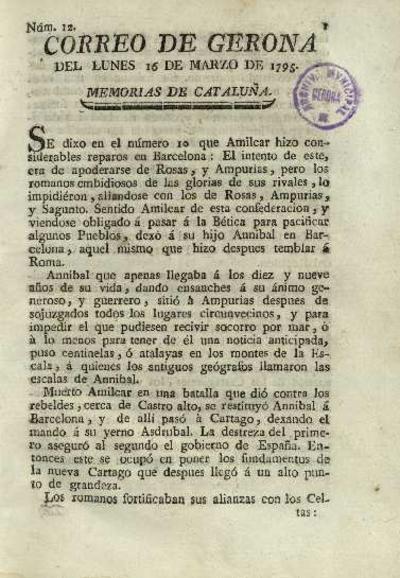 Correo de Gerona. 16/3/1795. [Ejemplar]