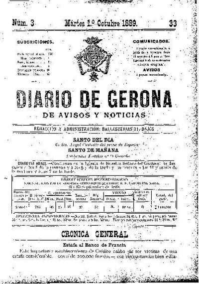 Diari de Girona d'avisos i notícies. 1/10/1889. [Ejemplar]