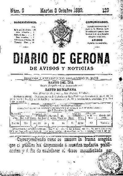 Diari de Girona d'avisos i notícies. 8/10/1889. [Exemplar]