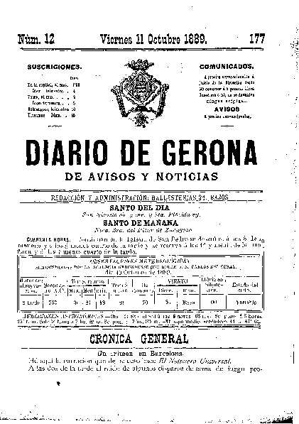 Diari de Girona d'avisos i notícies. 11/10/1889. [Exemplar]