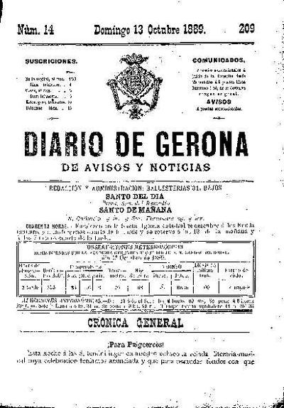 Diari de Girona d'avisos i notícies. 13/10/1889. [Exemplar]
