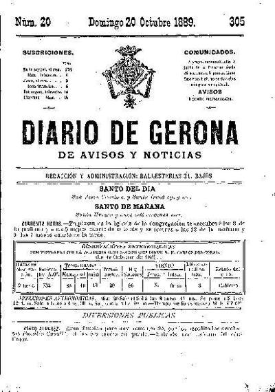 Diari de Girona d'avisos i notícies. 20/10/1889. [Exemplar]