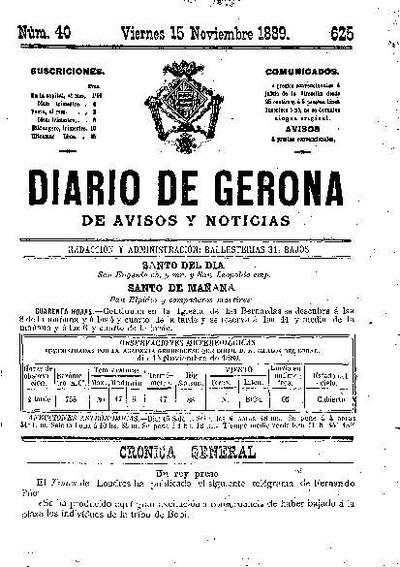 Diari de Girona d'avisos i notícies. 15/11/1889. [Issue]