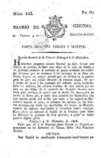 Diario de Gerona. 9/12/1808. [Ejemplar]