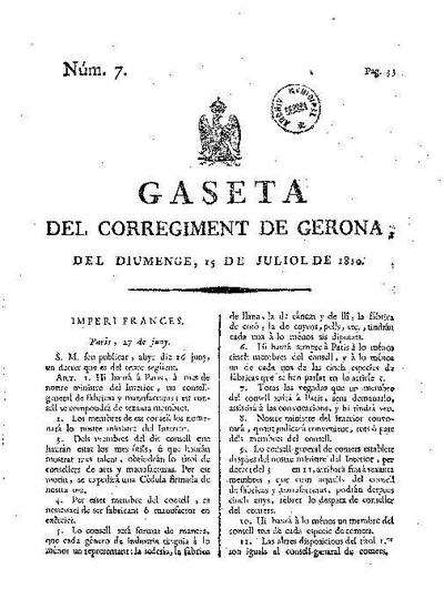 Gaseta del Corregiment de Gerona. 15/7/1810. [Exemplar]