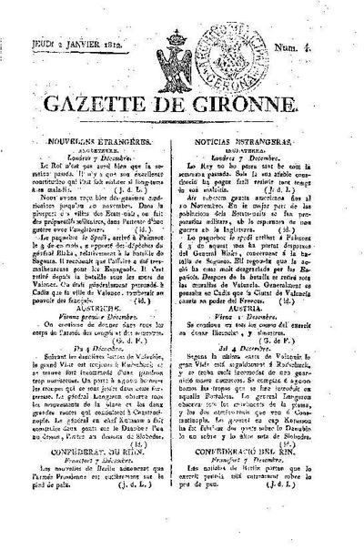 Gazette de Gironne. 2/1/1812. [Issue]