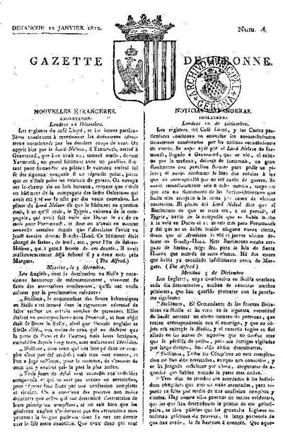 Gazette de Gironne. 12/1/1812. [Issue]