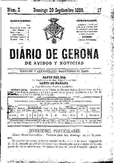 Diari de Girona d'avisos i notícies. 29/9/1889. [Exemplar]