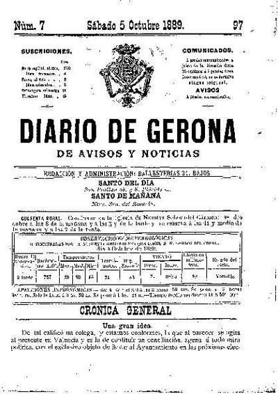 Diari de Girona d'avisos i notícies. 5/10/1889. [Exemplar]