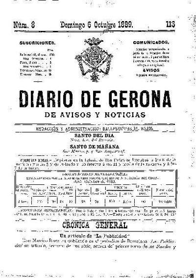 Diari de Girona d'avisos i notícies. 6/10/1889. [Exemplar]