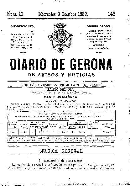 Diari de Girona d'avisos i notícies. 9/10/1889. [Ejemplar]