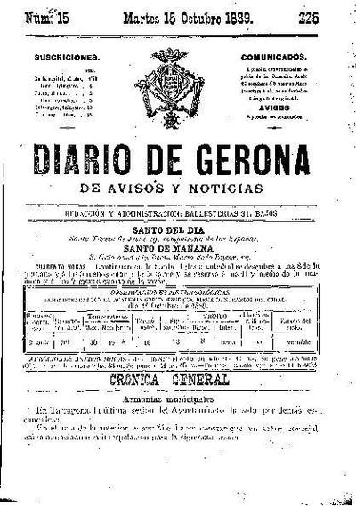 Diari de Girona d'avisos i notícies. 15/10/1889. [Exemplar]