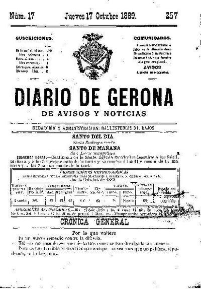Diari de Girona d'avisos i notícies. 17/10/1889. [Exemplar]