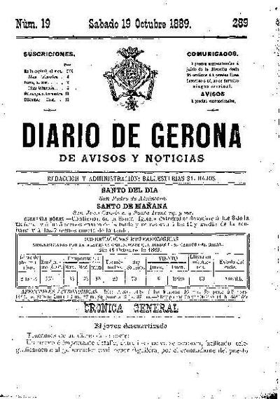 Diari de Girona d'avisos i notícies. 19/10/1889. [Issue]