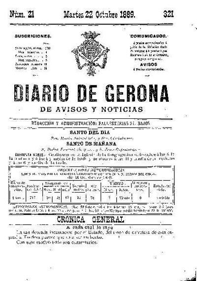 Diari de Girona d'avisos i notícies. 22/10/1889. [Exemplar]