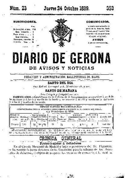 Diari de Girona d'avisos i notícies. 24/10/1889. [Exemplar]