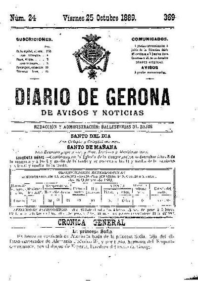 Diari de Girona d'avisos i notícies. 25/10/1889. [Exemplar]