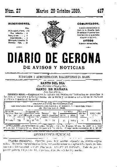 Diari de Girona d'avisos i notícies. 29/10/1889. [Issue]