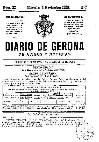 Diari de Girona d'avisos i notícies. 6/11/1889. [Issue]