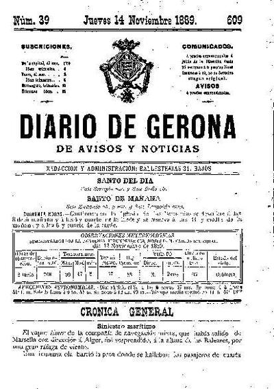 Diari de Girona d'avisos i notícies. 14/11/1889. [Issue]