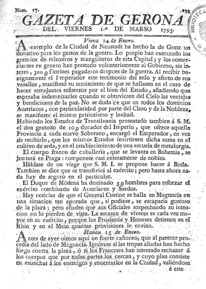 Gazeta de Gerona. 1/3/1793. [Exemplar]