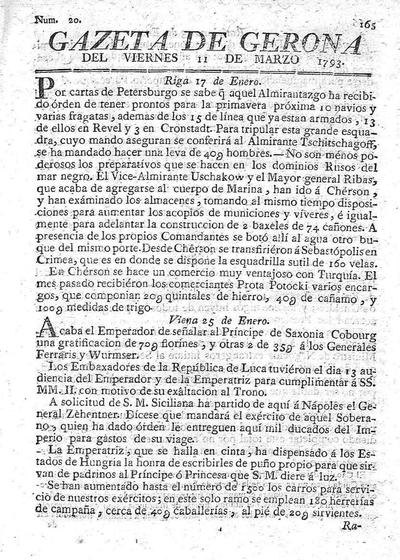 Gazeta de Gerona. 11/3/1793. [Exemplar]