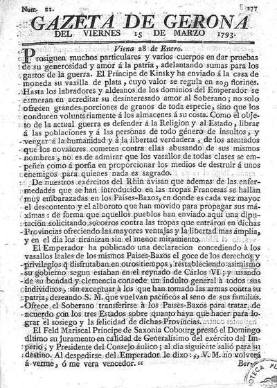 Gazeta de Gerona. 15/3/1793. [Issue]