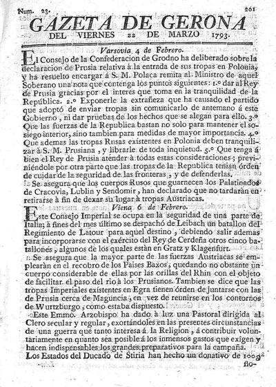 Gazeta de Gerona. 22/3/1793. [Issue]
