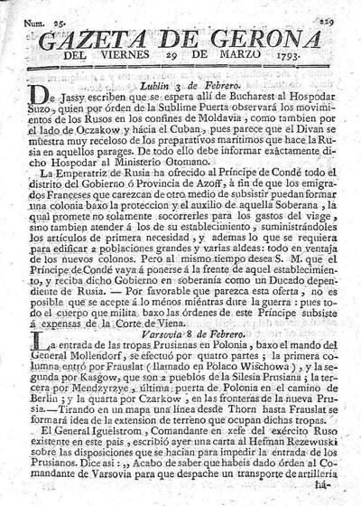 Gazeta de Gerona. 29/3/1793. [Exemplar]