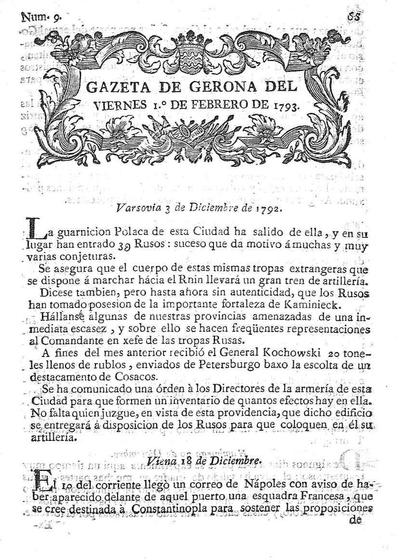 Gazeta de Gerona. 1/2/1793. [Issue]