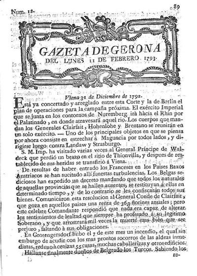 Gazeta de Gerona. 11/2/1793. [Ejemplar]