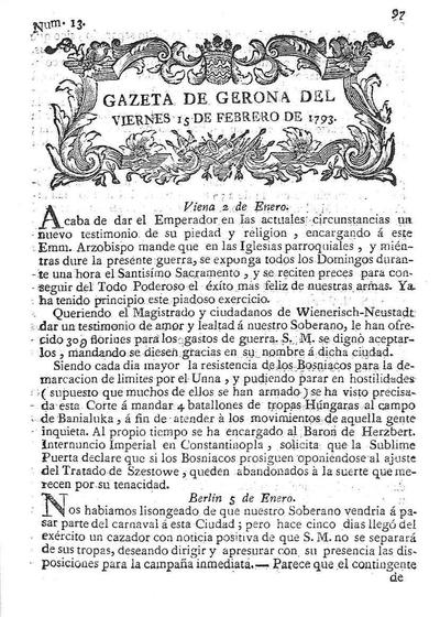 Gazeta de Gerona. 15/2/1793. [Ejemplar]