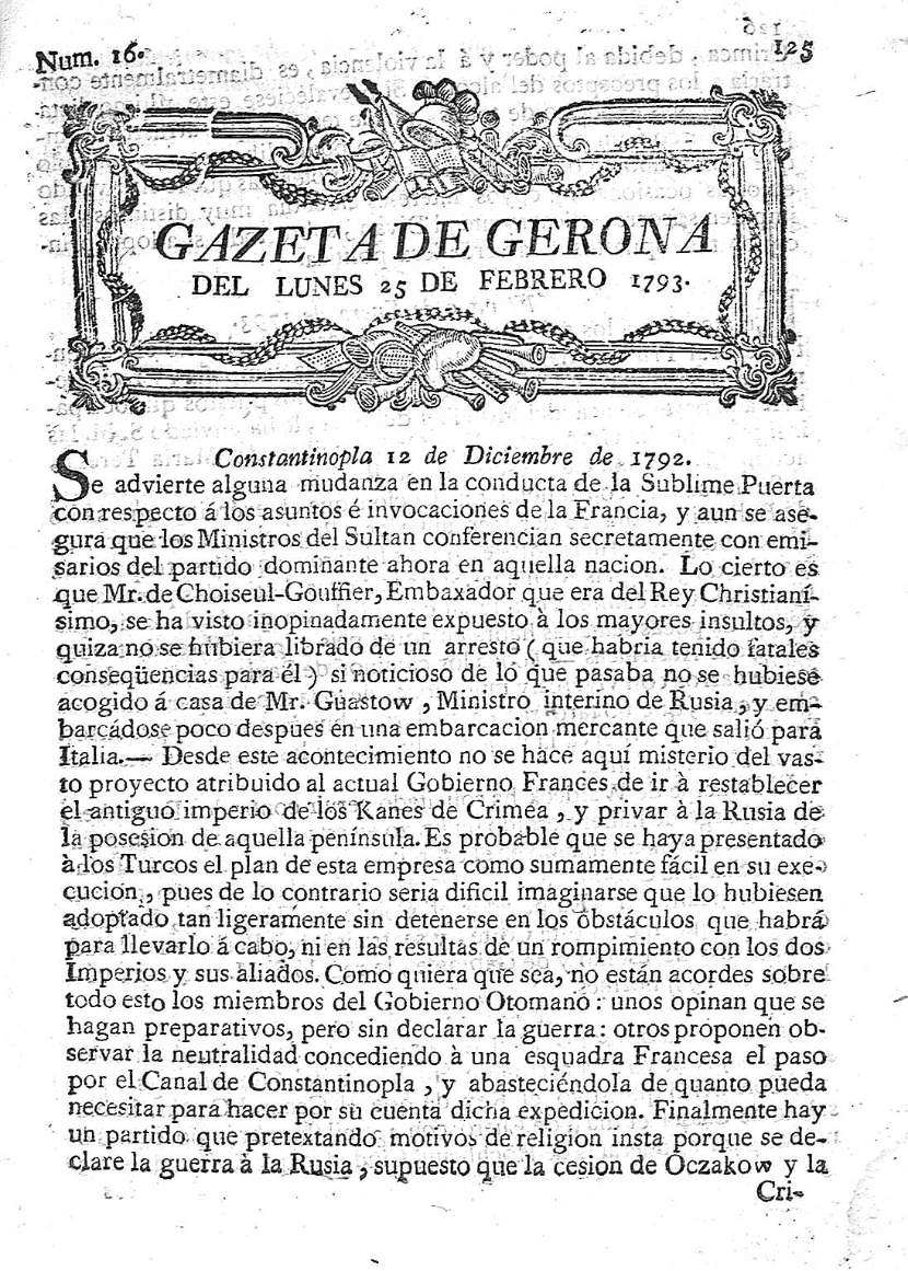 Gazeta de Gerona. 25/2/1793. [Exemplar]