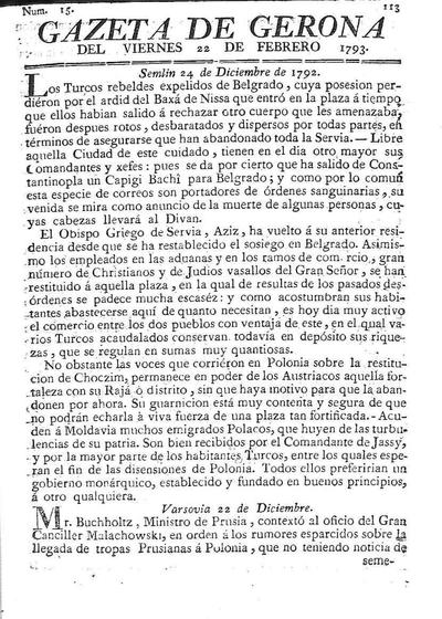 Gazeta de Gerona. 22/2/1793. [Issue]