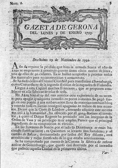 Gazeta de Gerona. 7/1/1793. [Ejemplar]