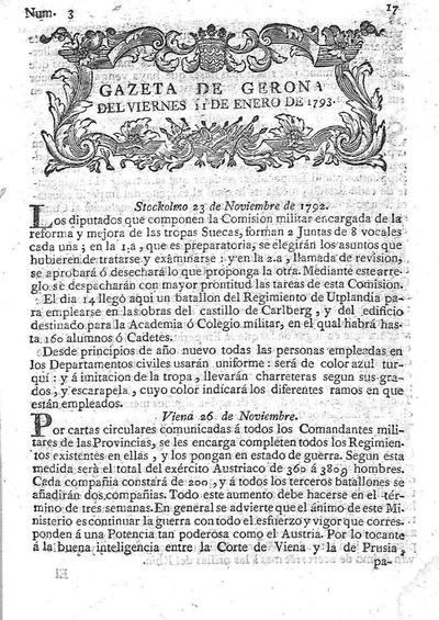 Gazeta de Gerona. 11/1/1793. [Ejemplar]