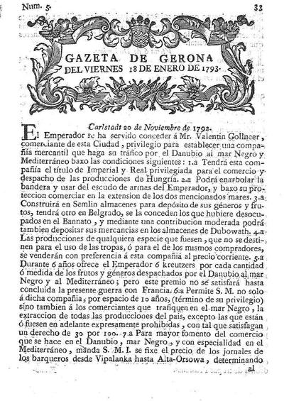 Gazeta de Gerona. 18/1/1793. [Exemplar]