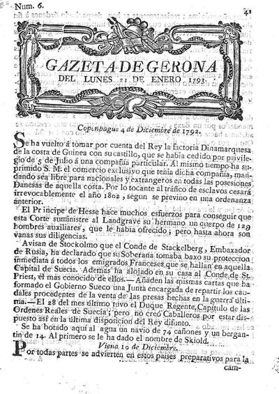 Gazeta de Gerona. 21/1/1793. [Ejemplar]