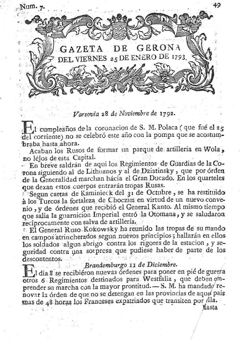 Gazeta de Gerona. 25/1/1793. [Issue]