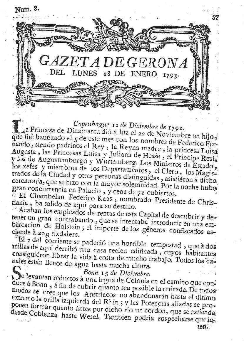 Gazeta de Gerona. 28/1/1793. [Exemplar]