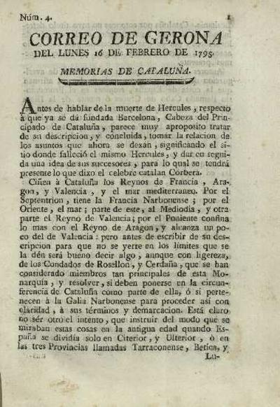 Correo de Gerona. 16/2/1795. [Ejemplar]