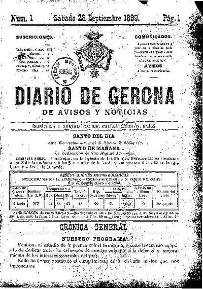 Diari de Girona d'avisos i notícies. 28/9/1889. [Ejemplar]