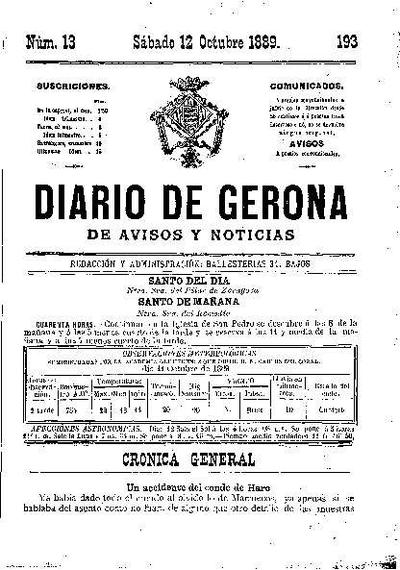 Diari de Girona d'avisos i notícies. 12/10/1889. [Issue]