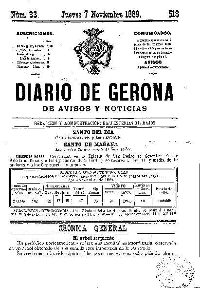 Diari de Girona d'avisos i notícies. 7/11/1889. [Issue]
