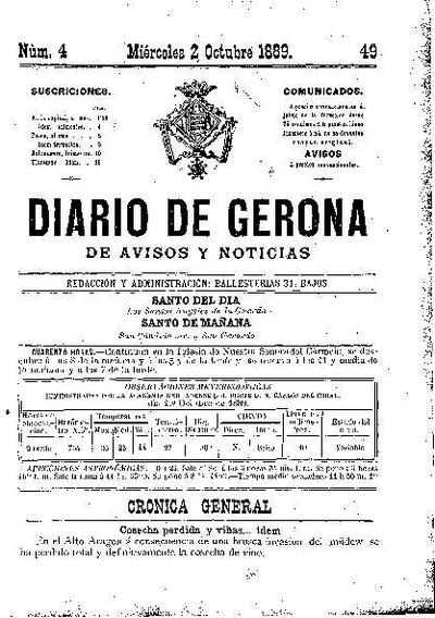 Diari de Girona d'avisos i notícies. 2/10/1889. [Ejemplar]