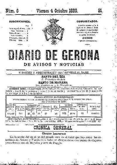 Diari de Girona d'avisos i notícies. 4/10/1889. [Ejemplar]