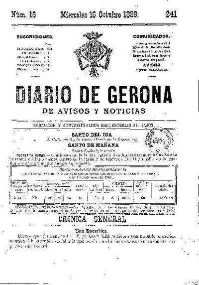 Diari de Girona d'avisos i notícies. 16/10/1889. [Issue]