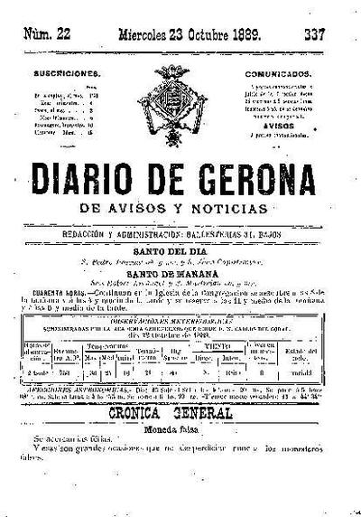 Diari de Girona d'avisos i notícies. 23/10/1889. [Exemplar]