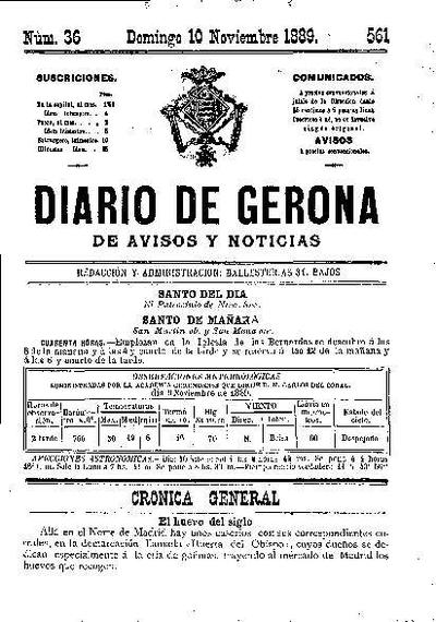 Diari de Girona d'avisos i notícies. 10/11/1889. [Issue]